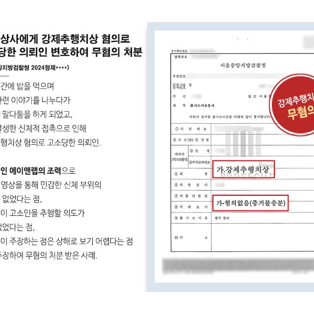 [성매매•통매음 등 기타] 직장 상사에게 강제추행치상 혐의로 고소당한 의뢰인 변호하여 무혐의 처분